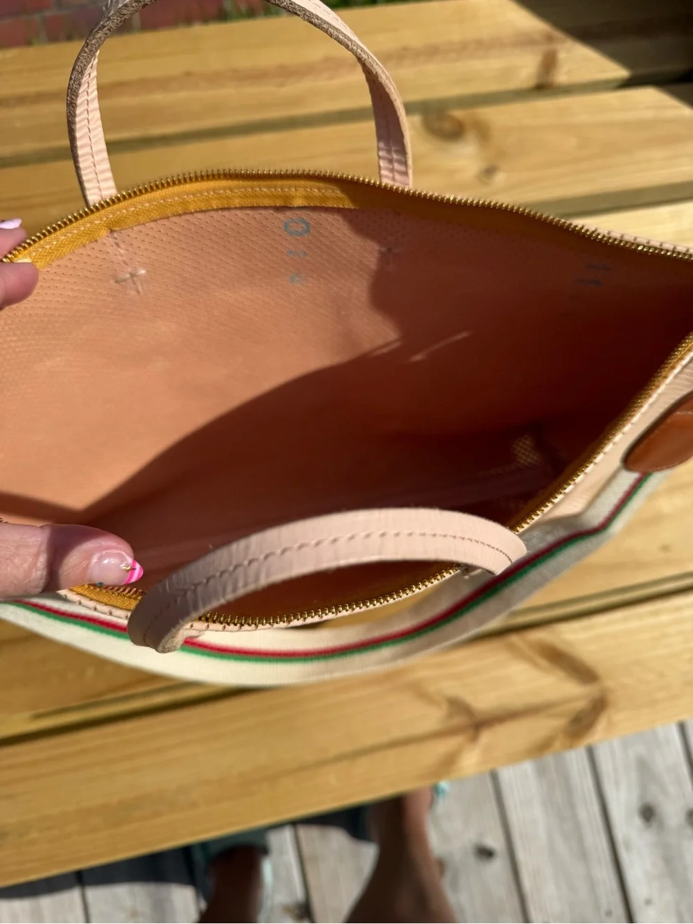 Clare V Blush Pink Perforated Tote with Striped Shoulder Strap - Picture 9 of 14
